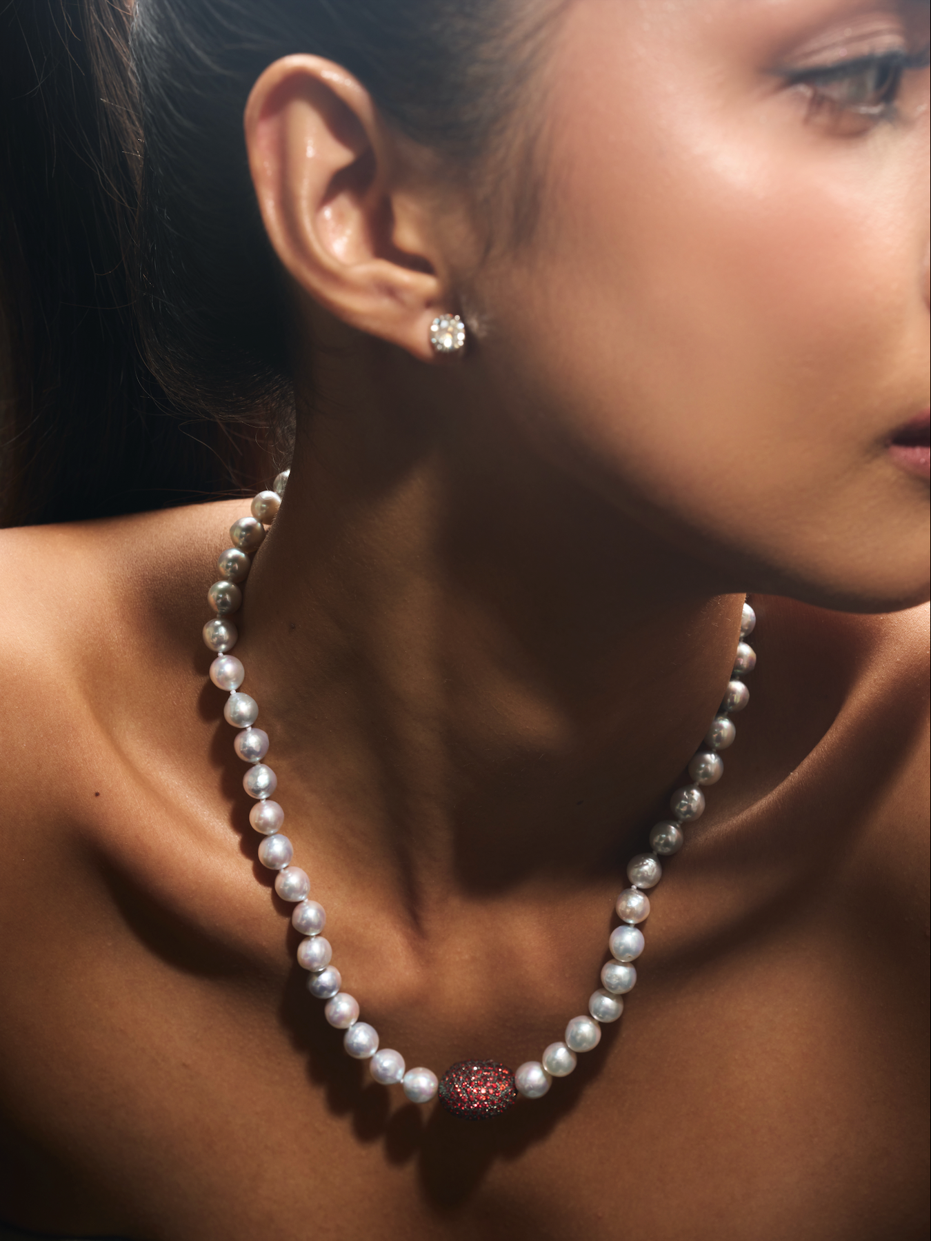 Gray South Sea Pearl Necklace with Orange Pave Rondel