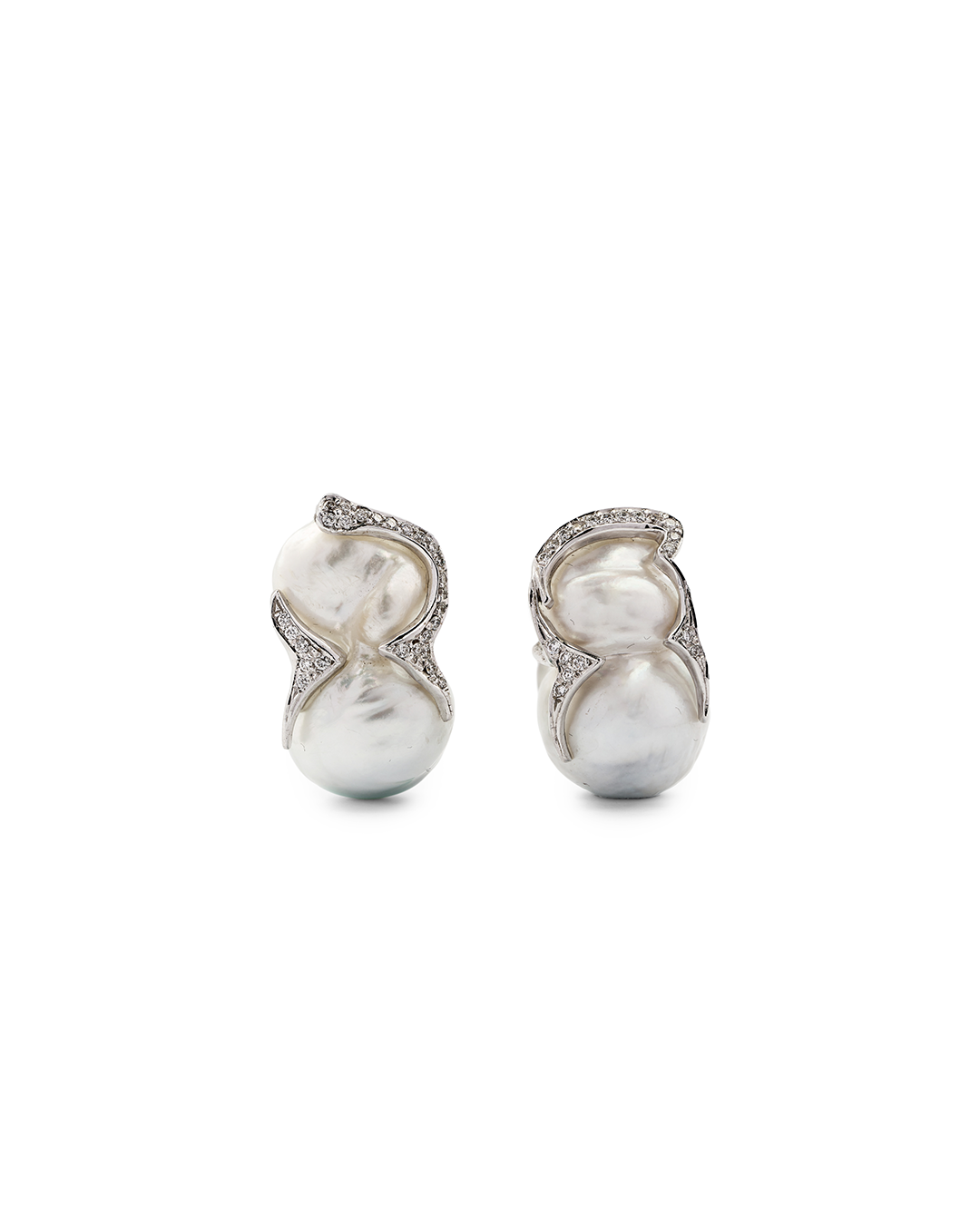 White Baroque South Sea Pearl Earrings with Pinch Pave Diamonds Accents