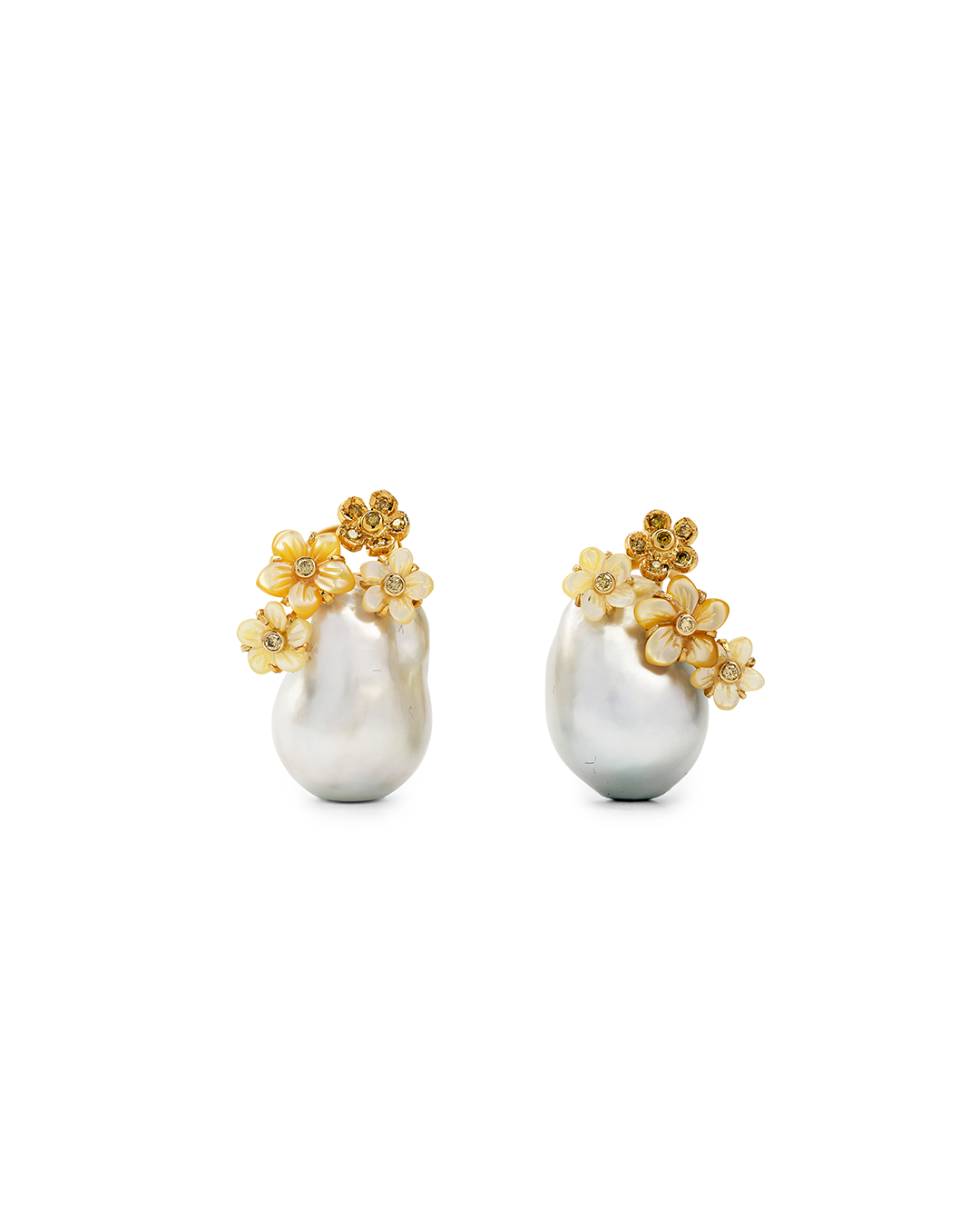 White Baroque South Sea Pearl Earrings with Carved Flower Mother of Pearl & Pave Diamonds
