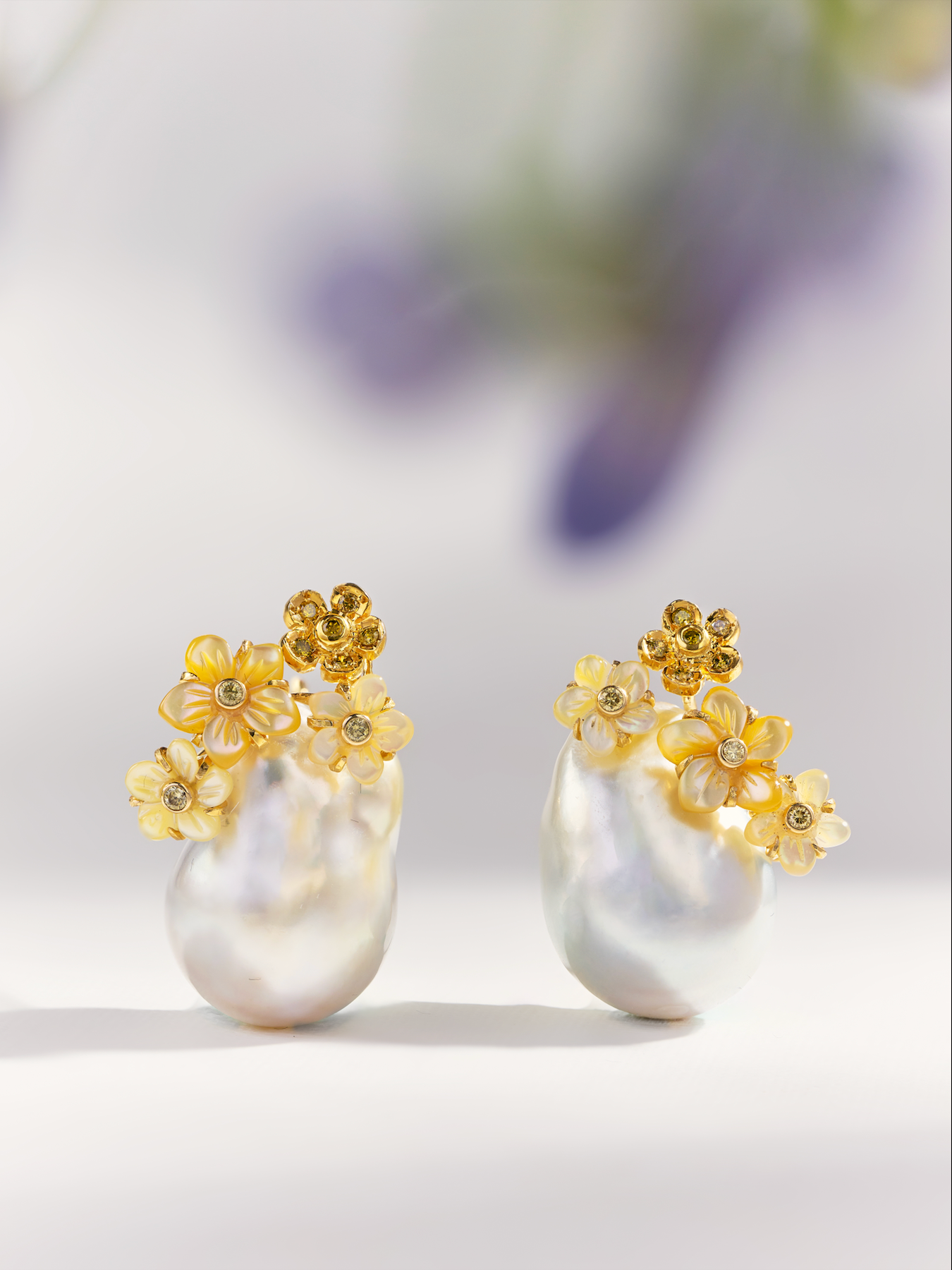 White Baroque South Sea Pearl Earrings with Carved Flower Mother of Pearl & Pave Diamonds