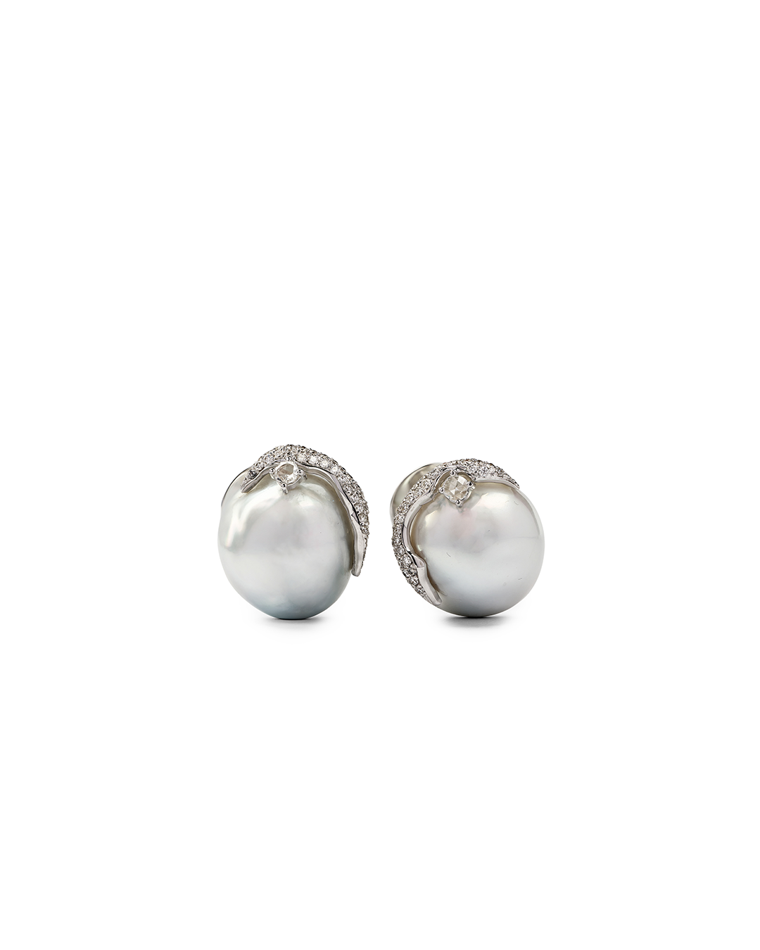 Grayish Baroque South Sea Pearl Earrings with Clumping Diamond Pave