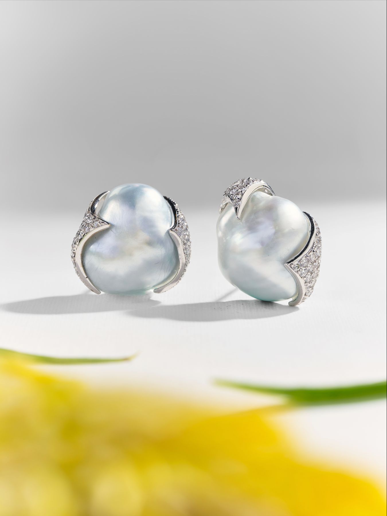 Grayish Baroque South Sea Pearl Earrings with Loop Diamond Pave
