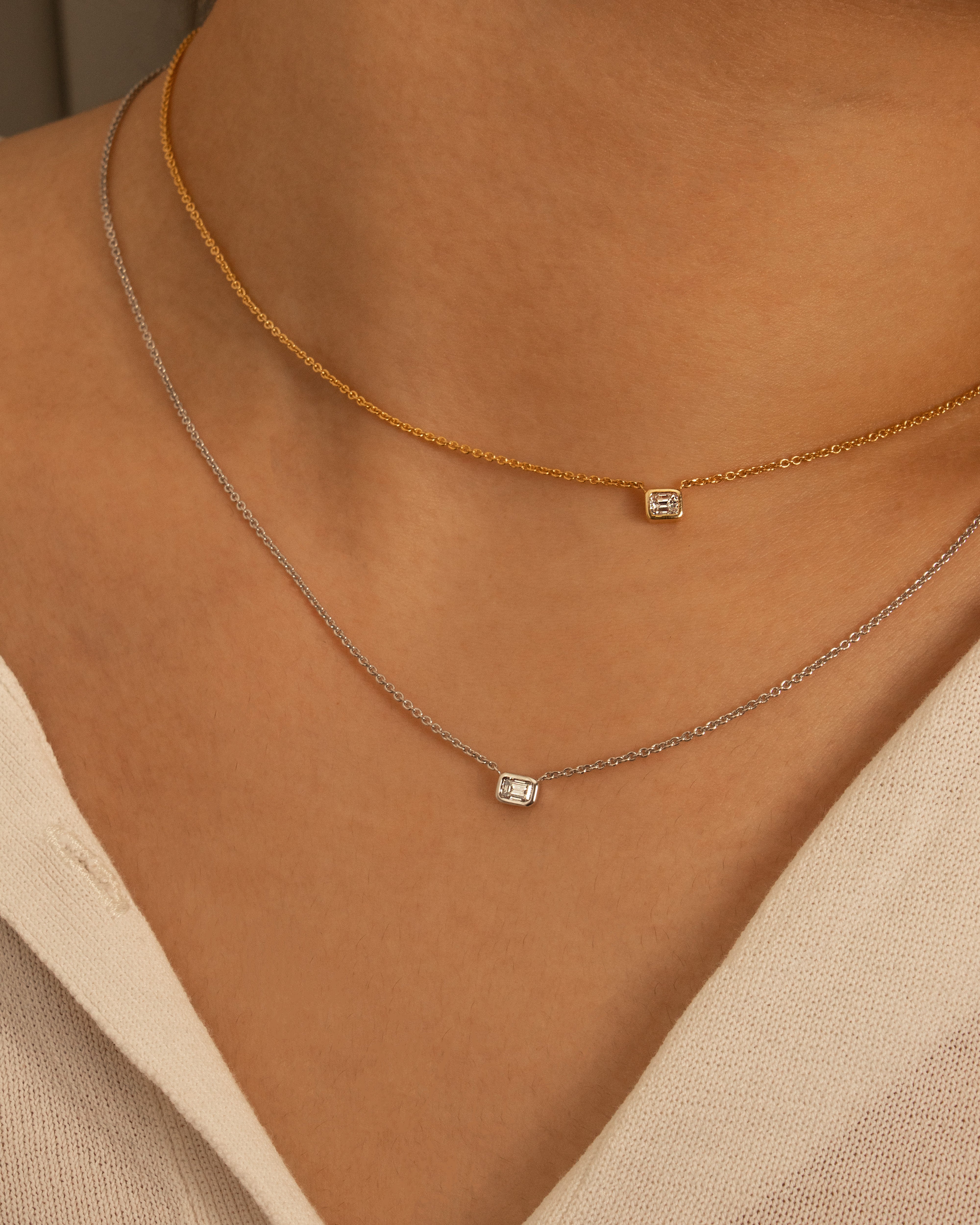 Emerald Cut Diamond Bezel Set Solitaire Necklace