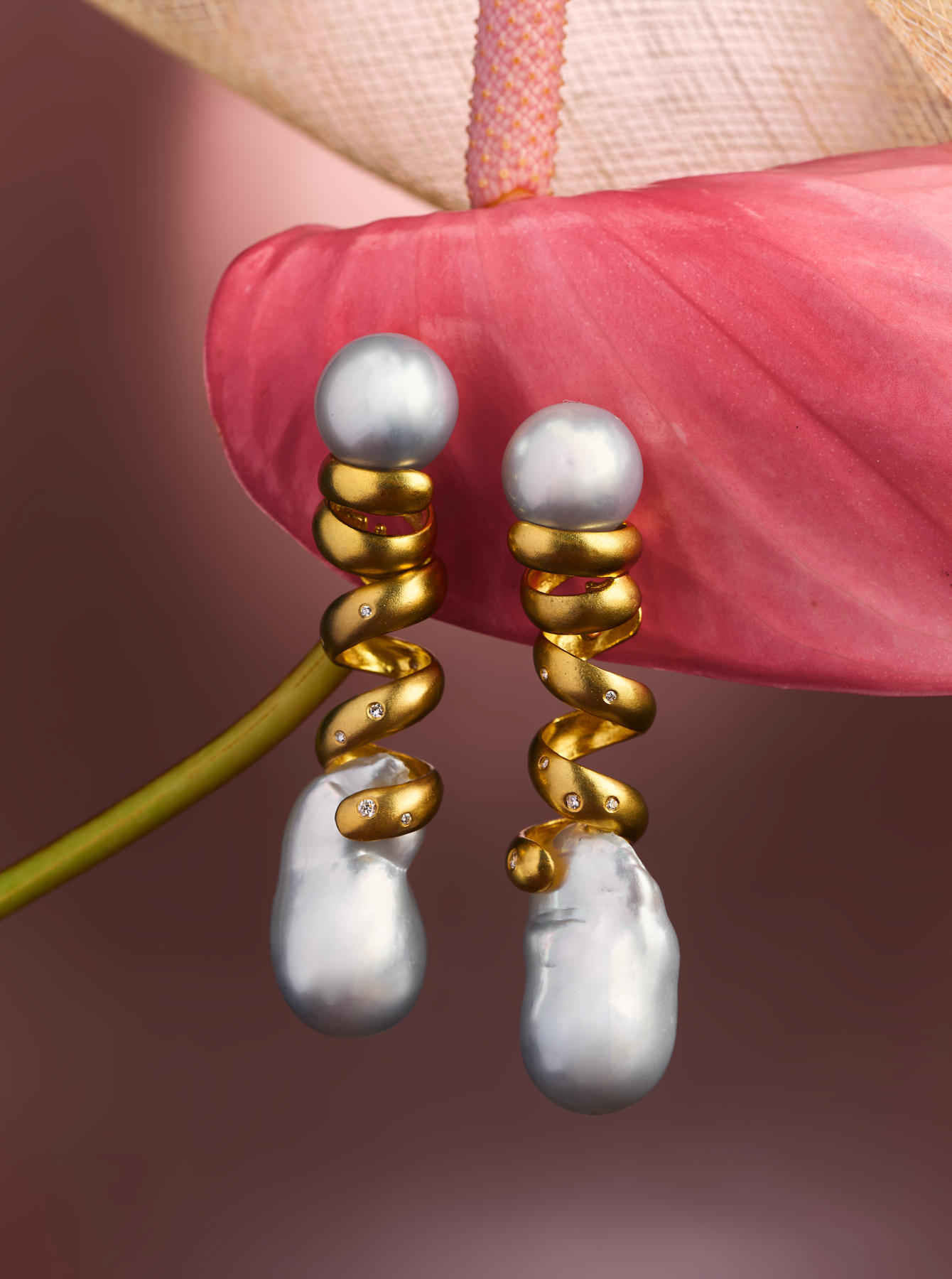 Spiral Earrings with Round Diamonds & White Baroque South Sea Pearls