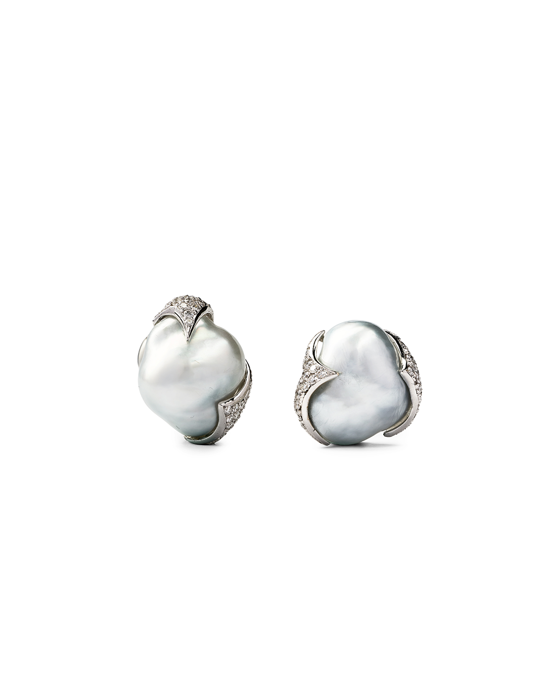 Grayish Baroque South Sea Pearl Earrings with Loop Diamond Pave