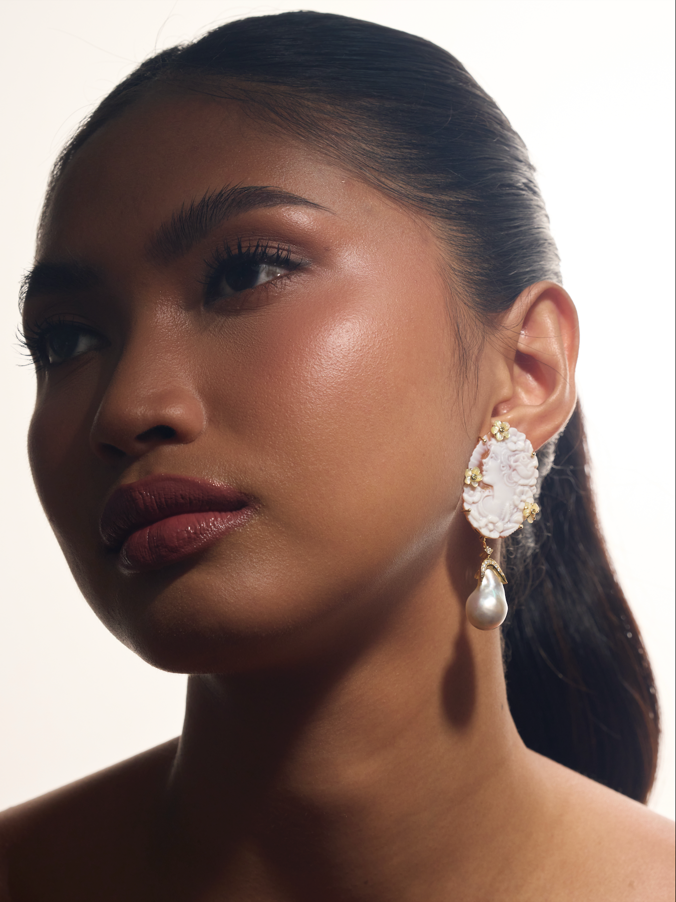 Cameo Flower South Sea Pearl Earrings