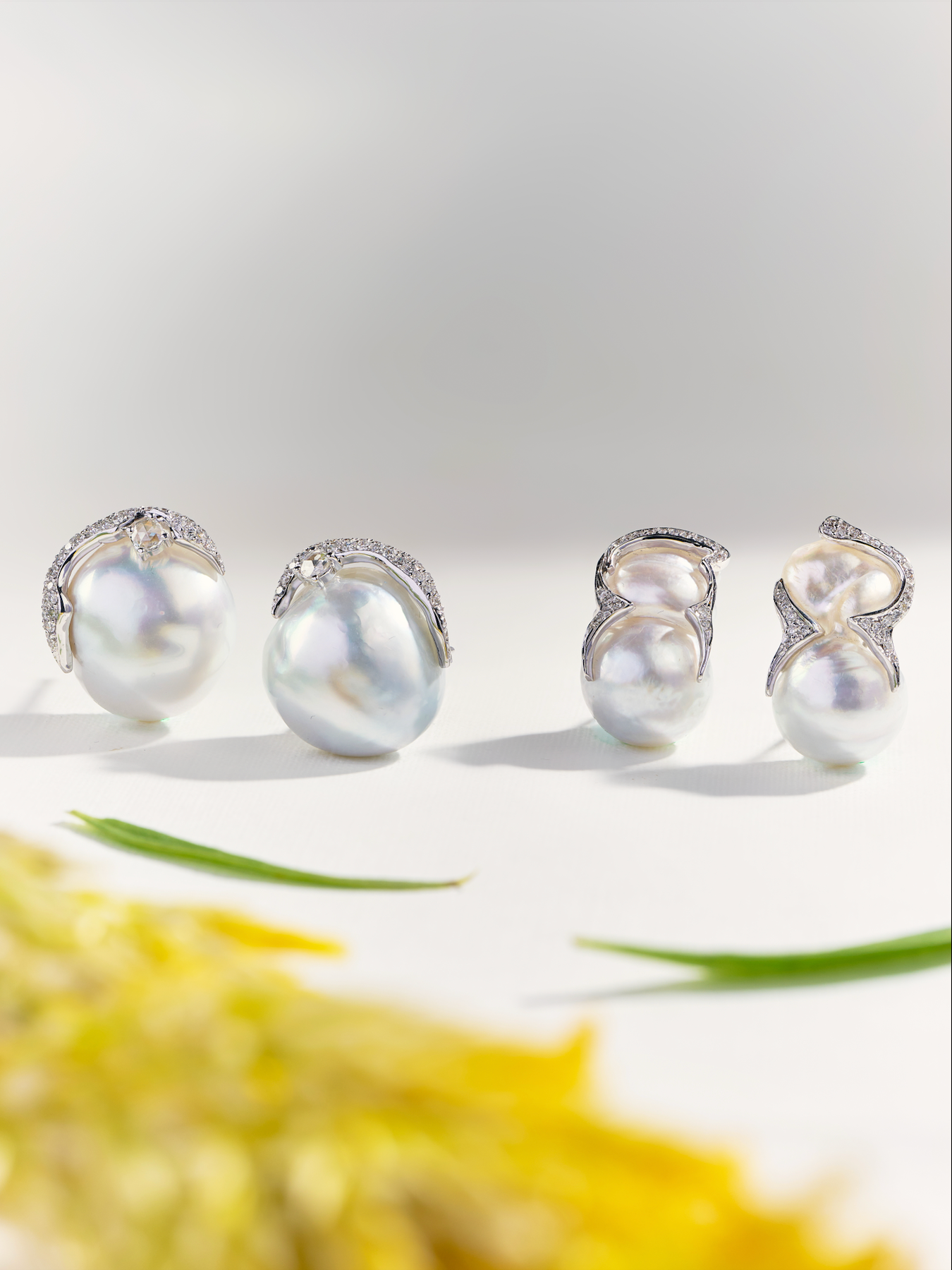 White Baroque South Sea Pearl Earrings with Pinch Pave Diamonds Accents