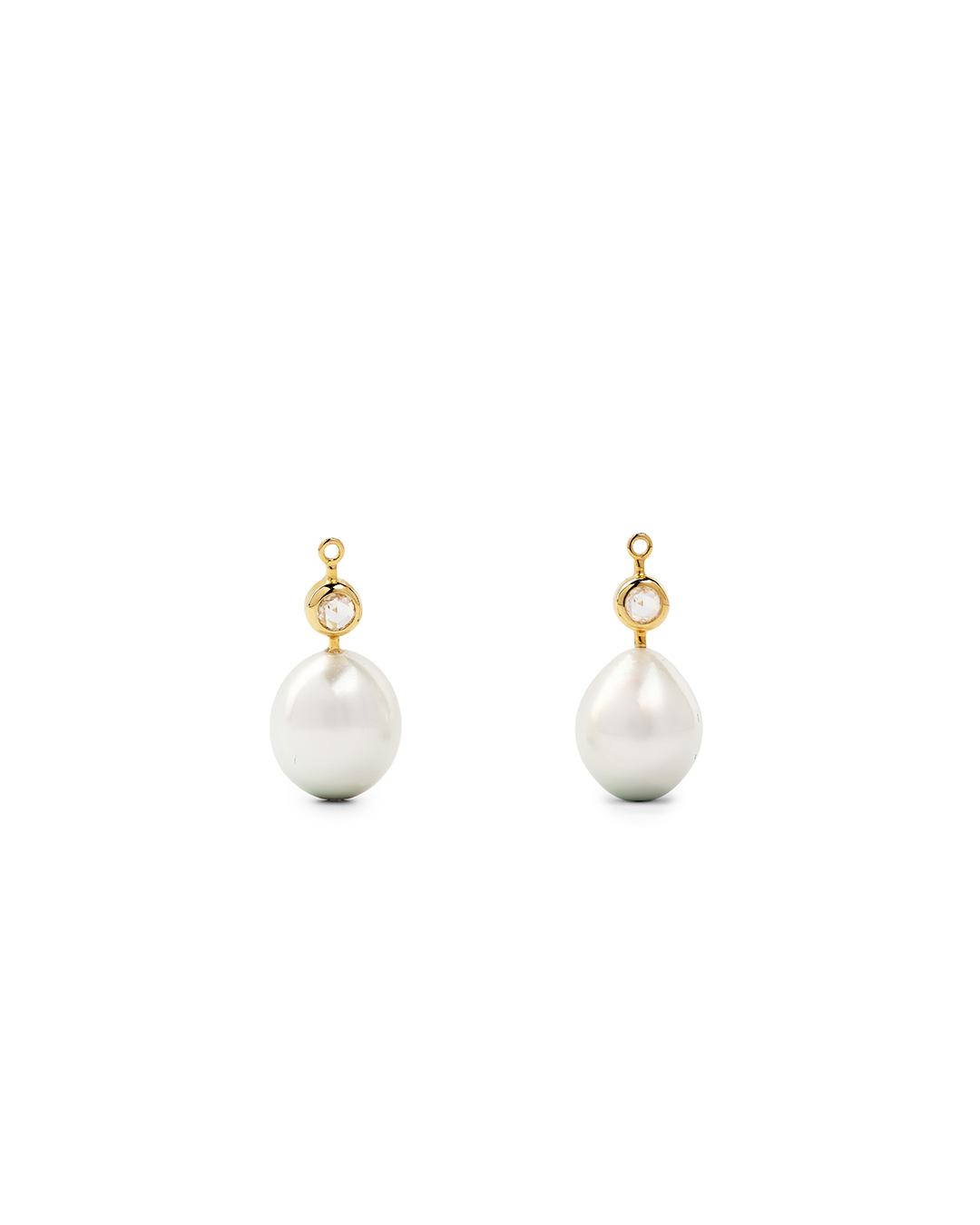White Drop South Sea Pearl Danglers with Bezel Set Rosecut Diamonds