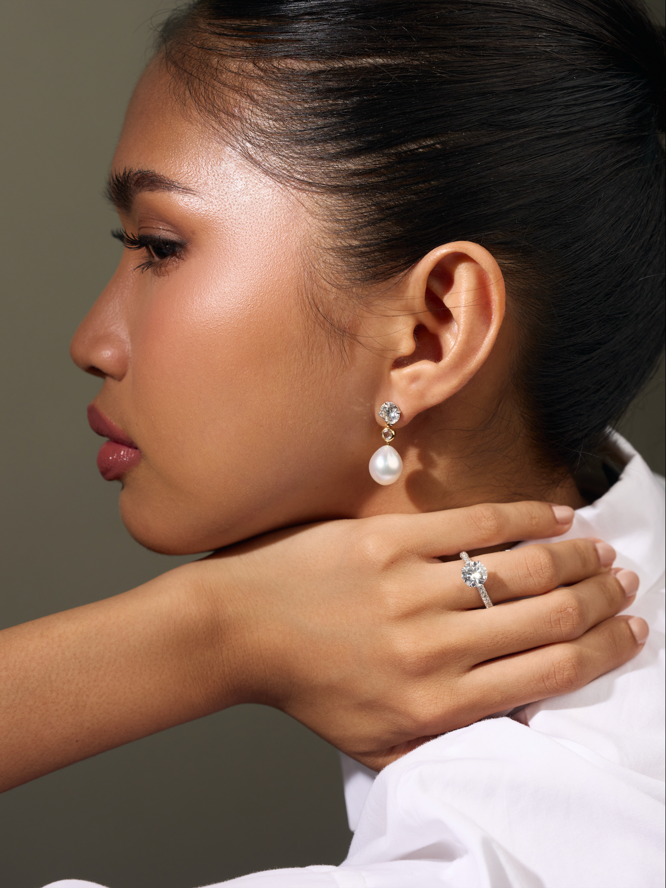 White Drop South Sea Pearl Danglers with Bezel Set Rosecut Diamonds