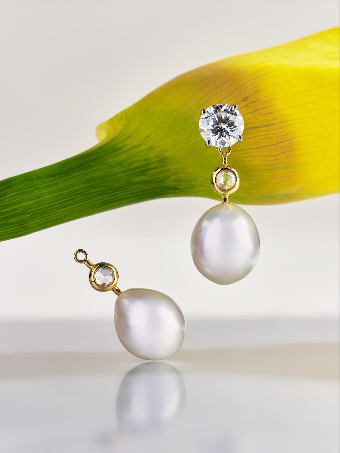 White Drop South Sea Pearl Danglers with Bezel Set Rosecut Diamonds